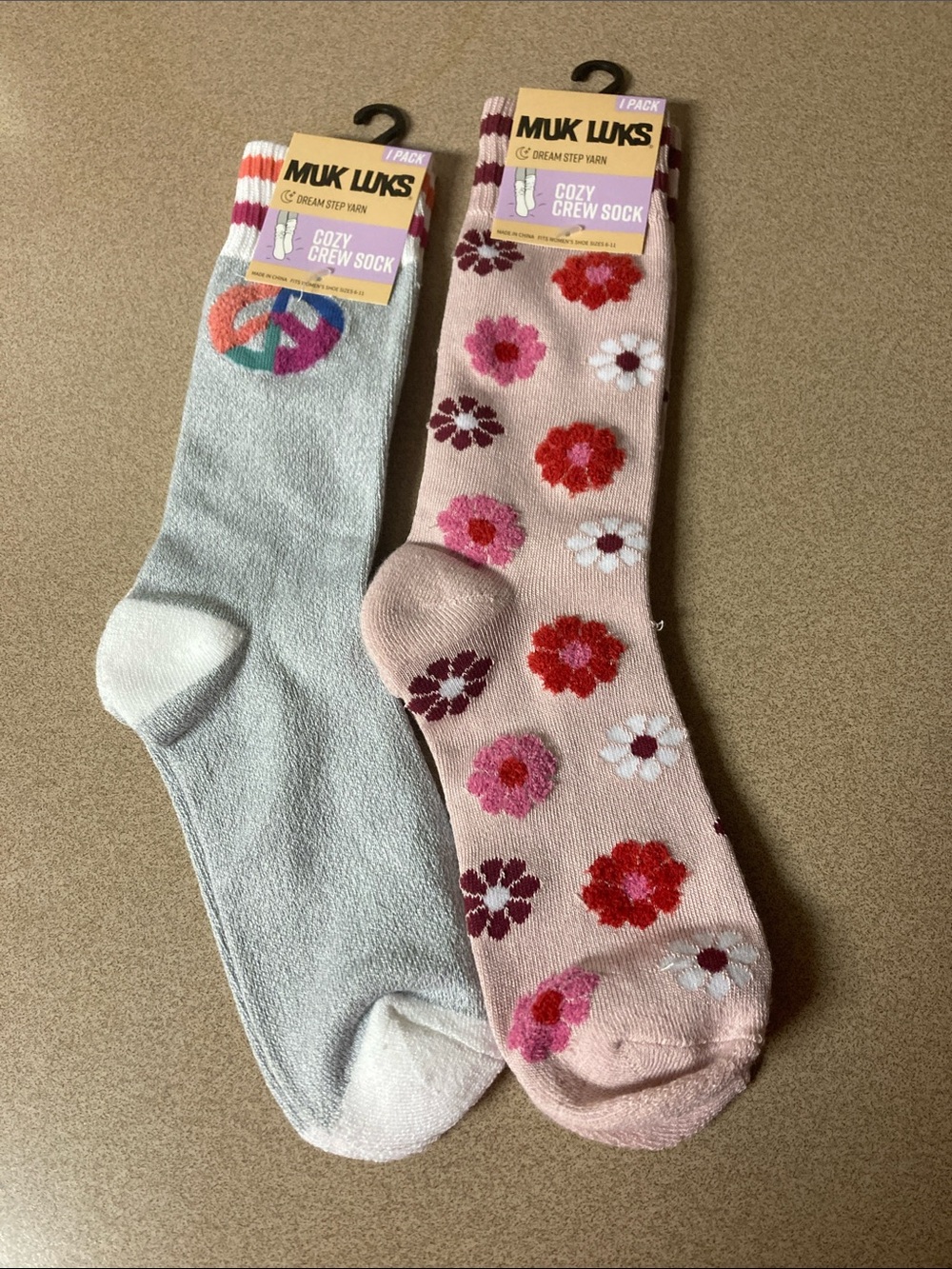Muk Luks Crew Socks - Light Blue Peace Sign & Pink Floral (2-Pack)